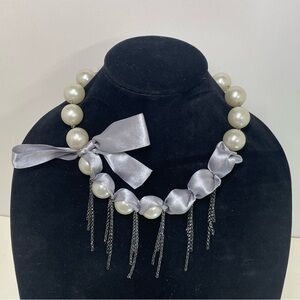 Elegant Large Faux Pearl and Gray Ribbon Necklace with Silver Tone Dangles